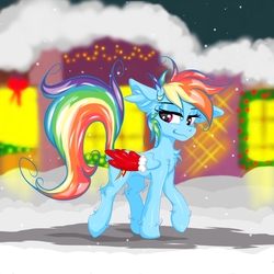 Size: 2500x2500 | Tagged: safe, artist:rurihal, rainbow dash, pegasus, pony, g4, chest fluff, clothes, ear fluff, female, high res, lidded eyes, mare, messy mane, snow, solo, walking