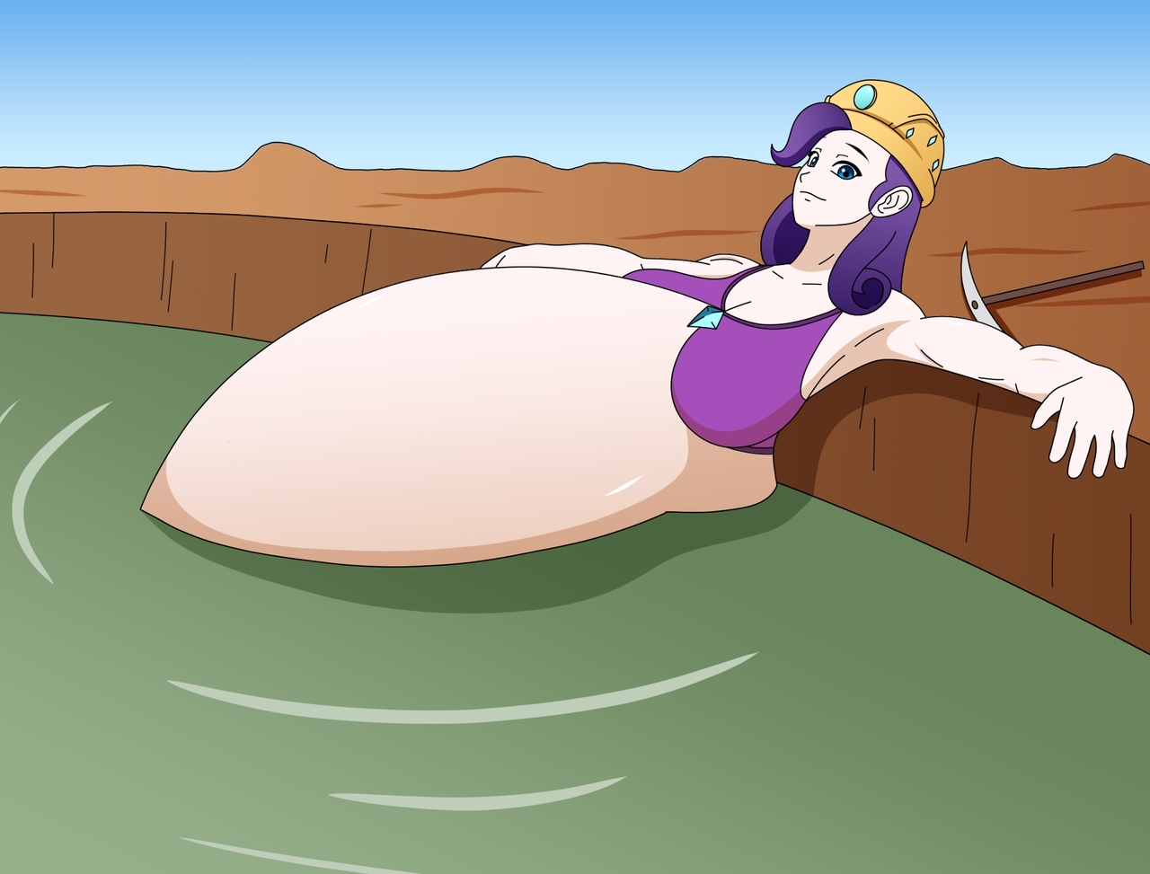 2215139 - questionable, artist:awesometacular, rarity, equestria girls, g4,  armpits, belly, breasts, female, hot springs, huge belly, human coloration,  miner, raripred, vore, wasteland, water - Derpibooru