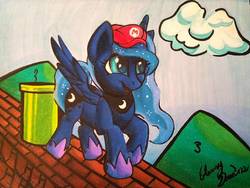 Size: 1030x776 | Tagged: safe, artist:gleamydreams, princess luna, alicorn, pony, g4, clothes, crossover, female, hat, jewelry, necklace, shoes, solo, traditional art