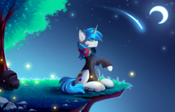 Size: 4444x2849 | Tagged: safe, artist:airiniblock, oc, oc only, oc:sound shiver, pony, unicorn, backpack, cliff, clothes, commission, crescent moon, grass, headphones, hoodie, moon, night, rock, shooting star, sitting, solo, stars, tree