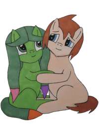 Size: 4089x5109 | Tagged: safe, artist:awgear, oc, oc:paint can, oc:polished gear, earth pony, pony, 2020 community collab, derpibooru community collaboration, blank flank, blue eyes, brown mane, father and daughter, female, green coat, green eyes, green mane, male, paint, simple background, smiling, transparent background