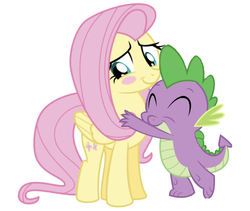 Size: 750x633 | Tagged: safe, artist:thesketchypony, edit, editor:undeadponysoldier, fluttershy, spike, dragon, pegasus, pony, g4, blushing, cute, daaaaaaaaaaaw, dragon x pony, female, hug, interspecies, male, mare, ship:flutterspike, shipping, shyabetes, simple background, spikabetes, straight, white background