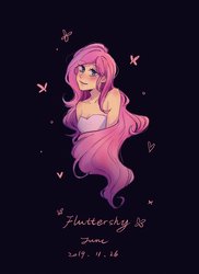 Size: 800x1100 | Tagged: safe, artist:laochi777, fluttershy, butterfly, human, equestria girls, g4, bare shoulders, female, sleeveless, solo, strapless, text