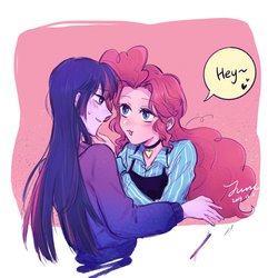 Size: 1680x1680 | Tagged: safe, artist:laochi777, pinkie pie, twilight sparkle, equestria girls, g4, blushing, choker, dialogue, female, heart, lesbian, looking at each other, ship:twinkie, shipping, signature
