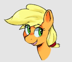 Size: 700x600 | Tagged: safe, artist:brushelle, applejack, earth pony, pony, g4, bust, cute, female, gray background, hatless, jackabetes, mare, missing accessory, open mouth, portrait, simple background, solo