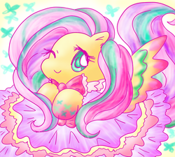Size: 888x800 | Tagged: safe, artist:seafoamislander, fluttershy, butterfly, pegasus, pony, g4, bow, clothes, cute, dress, female, mare, one eye closed, rainbow power, shyabetes, simple background, solo, white background, wink