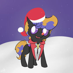 Size: 1200x1200 | Tagged: safe, artist:ezupack, oc, oc:tozuma, changeling, blushing, changeling oc, christmas, christmas changeling, clothes, costume, cute, fangs, hat, holeless, holiday, male, purple changeling, red nose, santa hat, snow