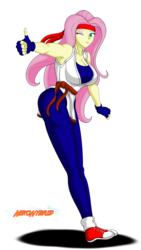 Size: 1968x3480 | Tagged: safe, artist:nekohybrid, fluttershy, equestria girls, g4, big breasts, breasts, busty fluttershy, clothes, commission, converse, cosplay, costume, female, king of fighters, one eye closed, shoes, simple background, solo, thumbs up, transparent background, wink, yuri sakazaki