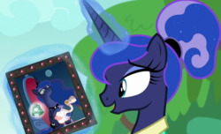 Size: 1280x780 | Tagged: safe, edit, edited screencap, screencap, princess luna, alicorn, bird, goose, pony, between dark and dawn, g4, sparkle's seven, alternate hairstyle, bell, female, grogar's bell, luna petting goose, mare, photo, picture frame, ponytail