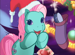 Size: 774x577 | Tagged: safe, screencap, minty, pony, a very minty christmas, g3, brush, christmas, christmas lights, christmas ornament, christmas ornaments, christmas tree, cute, decoration, g3betes, hairbrush, hat, holiday, mane brush, mintabetes, ornament, santa hat, smiling, sock, tree, weapons-grade cute