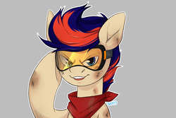 Size: 3000x2000 | Tagged: safe, artist:t-fruit, oc, oc only, oc:zephyr leaf, pegasus, pony, aviator goggles, bandana, bust, clothes, determined, dirty, dust, goggles, gray background, high res, hoof on head, looking at you, male, open mouth, pegasus oc, portrait, safety goggles, scarf, scratches, simple background, solo, stallion, two toned mane, ych result