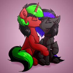 Size: 4000x4000 | Tagged: safe, artist:witchtaunter, oc, oc only, oc:pynoka, pegasus, pony, unicorn, absurd resolution, commission, gradient background, kissing, sitting, snuggling
