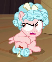Size: 544x648 | Tagged: safe, screencap, cozy glow, pegasus, pony, g4, the summer sun setback, bow, cozy glow is best facemaker, cozy glow is not amused, cropped, female, filly, foal, freckles, hair bow, open mouth, sitting, solo, squatting, tail bow