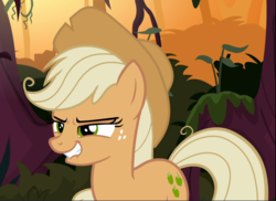 Size: 1292x939 | Tagged: safe, screencap, mean applejack, pony, g4, the mean 6, amused, clone, cropped, female, lip bite, narrowed eyes, smiling, solo