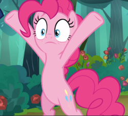 Size: 1037x940 | Tagged: safe, screencap, pinkie pie, earth pony, pony, g4, the mean 6, belly, bipedal, cropped, female, hooves in air, mare, raised hoof, shrunken pupils, solo, x pose