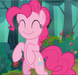 Size: 978x941 | Tagged: safe, screencap, pinkie pie, earth pony, pony, g4, the mean 6, belly, bipedal, cropped, cute, cutie mark, diapinkes, everfree forest, eyes closed, female, mare, pinkie smile, smiling, solo