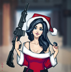 Size: 2969x3000 | Tagged: safe, artist:vombavr, rarity, human, g4, ar-15, bra, christmas, clothes, female, gun, hat, high res, holiday, human coloration, humanized, natural hair color, santa hat, solo, trigger discipline, underwear, weapon