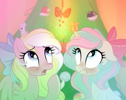 Size: 2048x1641 | Tagged: safe, artist:emberslament, oc, oc only, oc:bay breeze, oc:mirabelle, pegasus, pony, unicorn, blushing, bow, christmas, christmas tree, cute, duo, female, hair bow, holiday, holly, holly mistaken for mistletoe, looking up, ocbetes, open mouth, tree, ych result
