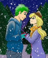 Size: 2703x3273 | Tagged: safe, artist:bella-pink-savage, applejack, spike, human, g4, clothes, coat, cute, female, high res, holding hands, humanized, looking at each other, male, mittens, profile, scarf, ship:applespike, shipping, snow, snowfall, straight, winter, winter outfit
