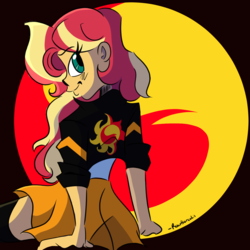 Size: 1200x1200 | Tagged: safe, artist:roarborealis-art, sunset shimmer, equestria girls, g4, abstract background, beautiful, clothes, cute, cutie mark background, female, jacket, leather, leather jacket, miniskirt, profile, shimmerbetes, sitting, skirt, socks, solo, thigh highs