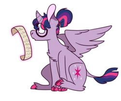 Size: 1280x1067 | Tagged: safe, artist:ghoul--doodle, twilight sparkle, alicorn, classical unicorn, pony, unicorn, g4, chest fluff, cloven hooves, female, glasses, horn, leonine tail, scroll, simple background, solo, transparent background, twilight sparkle (alicorn), unshorn fetlocks