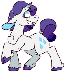 Size: 1280x1425 | Tagged: safe, artist:ghoul--doodle, rarity, classical unicorn, pony, unicorn, g4, chest fluff, cloven hooves, female, floppy ears, horn, leonine tail, simple background, smiling, solo, transparent background, unshorn fetlocks