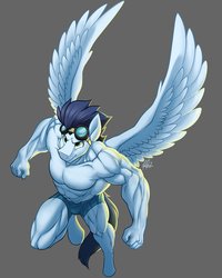 Size: 1701x2125 | Tagged: safe, artist:ponyanony, soarin', anthro, unguligrade anthro, g4, abs, clothes, goggles, male, muscles, muscular male, nudity, partial nudity, pecs, serious, serious face, shorts, soaripped, solo, swolin', topless