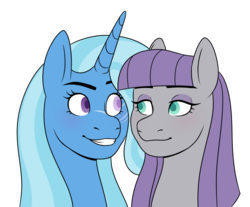 Size: 806x668 | Tagged: safe, artist:unicorngutz, maud pie, trixie, earth pony, pony, unicorn, g4, blind eye, bust, eye scar, eyeshadow, female, lesbian, looking at each other, makeup, mare, scar, ship:mauxie, shipping, simple background, transparent background