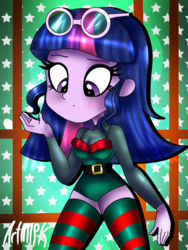 Size: 1536x2048 | Tagged: safe, artist:artmlpk, sci-twi, twilight sparkle, equestria girls, g4, adorkable, alternate hairstyle, belt, blushing, christmas, clothes, costume, cute, design, dork, elf costume, female, glasses, holiday, looking down, socks, solo, striped socks, thigh highs, thigh socks, twiabetes