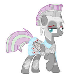 Size: 1168x1312 | Tagged: safe, artist:mist-the-loner, oc, oc only, oc:feather blade (ice1517), pegasus, pony, armor, armor skirt, bare hooves, blind eye, clothes, eye scar, female, freckles, helmet, knee pads, mare, raised hoof, scar, simple background, skirt, solo, white background