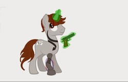 Size: 640x410 | Tagged: safe, oc, oc only, oc:short circuit, pony, unicorn, gun, m1911, magic, robotic arm, simple background, solo, tattoo, weapon, white background