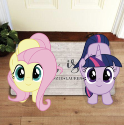 Size: 634x636 | Tagged: safe, artist:owlisun, edit, editor:undeadponysoldier, fluttershy, twilight sparkle, alicorn, pony, g4, cute, doormat, duo, female, irl, looking at you, looking up, looking up at you, mare, photo, ponies in real life, shyabetes, twiabetes, twilight sparkle (alicorn)