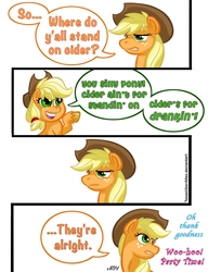 Size: 1000x1301 | Tagged: safe, artist:texasuberalles, applejack, earth pony, pony, g4, g4.5, my little pony: pony life, 4 panel comic, 4koma, chibi, colored hooves, comic, cowboy hat, female, generational ponidox, hat, implied pinkie pie, implied rarity, mare, simple background, skeptical, speech bubble, that pony sure does love cider, unshorn fetlocks, white background