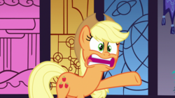Size: 1920x1080 | Tagged: safe, screencap, applejack, earth pony, pony, between dark and dawn, g4, apple, applejack's hat, canterlot castle, cowboy hat, cutie mark, faic, female, hat, mane, mare, open mouth, panicking, raised hoof, solo, stained glass, stetson, window, worried