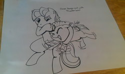 Size: 1200x716 | Tagged: safe, artist:lucas_gaxiola, thunderlane, oc, oc:charmed clover, oc:clover, pegasus, pony, g4, duo, flailing, holding a pony, irl, lineart, male, photo, stallion, text, traditional art