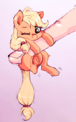 Size: 1080x1736 | Tagged: safe, artist:buttersprinkle, applejack, human, pony, g4, appletini, colored sketch, cute, female, finger, hand, hang in there, hanging, jackabetes, micro, offscreen character, offscreen human, simple background, solo, tiny, tiny ponies, traditional art