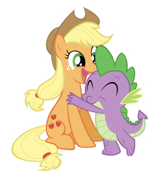 Size: 750x826 | Tagged: artist needed, safe, edit, editor:undeadponysoldier, applejack, spike, dragon, earth pony, pony, g4, cute, female, freckles, happy, hat, hug, jackabetes, male, mare, ship:applespike, shipping, simple background, spikabetes, straight, vector, white background