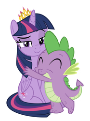Size: 750x1001 | Tagged: safe, artist:jhayarr23, edit, editor:undeadponysoldier, spike, twilight sparkle, alicorn, dragon, pony, g4, crown, cute, female, hug, jewelry, male, mare, regalia, sassy, ship:twispike, shipping, show accurate, smug, spikabetes, spikelove, straight, twiabetes, twilight sparkle (alicorn)