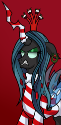 Size: 927x1879 | Tagged: safe, artist:heartshielder1991, queen chrysalis, changeling, changeling queen, g4, candy, candy cane, christmas, christmas changeling, christmas wreath, clothes, crown, ear piercing, earring, female, floppy ears, food, gritted teeth, grumpy, holiday, horn, horn sock, jewelry, piercing, queen chrysalis is not amused, red background, regalia, simple background, solo, unamused, wreath