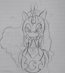 Size: 1829x2048 | Tagged: safe, artist:omegapony16, nightmare moon, alicorn, pony, g4, eating, fangs, female, food, glowing horn, helmet, herbivore, horn, licking, lineart, lined paper, magic, mare, peytral, popsicle, sharp teeth, solo, teeth, telekinesis, tongue out, traditional art, watermelon