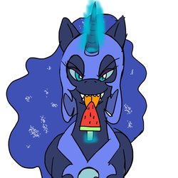 Size: 2172x2173 | Tagged: safe, artist:omegapony16, nightmare moon, alicorn, pony, g4, colored, eating, ethereal mane, fangs, female, food, glowing horn, helmet, herbivore, high res, horn, magic, mare, peytral, popsicle, sharp teeth, simple background, solo, starry mane, teeth, telekinesis, tongue out, watermelon, white background