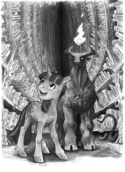 Size: 726x1000 | Tagged: safe, artist:adeptus-monitus, twilight sparkle, demon, pony, unicorn, fanfic:best hell ever, g4, book, commission, duo, fanfic art, grayscale, hell, library, monochrome, tentacles, traditional art, unicorn twilight