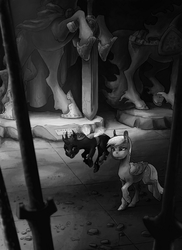 Size: 727x1000 | Tagged: safe, artist:adeptus-monitus, derpy hooves, changeling, pegasus, pony, fanfic:derplicity, g4, commission, digital art, disguise, disguised changeling, duo, fanfic art, grayscale, monochrome, statue, unamused
