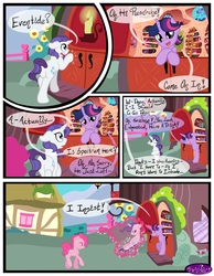 Size: 3500x4500 | Tagged: dead source, safe, artist:becauseimpink, pinkie pie, rarity, twilight sparkle, earth pony, pony, unicorn, comic:transition, g4, book, bookshelf, bubble berry, candle, comic, dialogue, dusk shine, elusive, eyes closed, glowing horn, golden oaks library, horn, knocking, magic, male, ponyville, raised hoof, rule 63, stallion, telekinesis, transgender