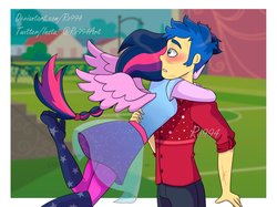 Size: 2407x1800 | Tagged: safe, artist:ro994, flash sentry, sci-twi, twilight sparkle, cheer you on, equestria girls, g4, my little pony equestria girls: better together, blushing, clothes, female, hug, male, ponied up, ship:flashlight, ship:sci-flash, shipping, straight, watermark, wings
