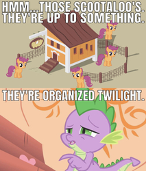 Size: 641x752 | Tagged: artist needed, safe, edit, edited screencap, editor:undeadponysoldier, screencap, scootaloo, spike, dragon, pegasus, pony, g4, owl's well that ends well, aardman animations, caption, chicken coop, chicken run, dead meme, dreamworks, female, filly, golden oaks library, grocers' apostrophe, image macro, implied twilight sparkle, male, meme, reference, scootachicken, text, willard tweedy