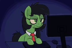 Size: 1920x1280 | Tagged: artist needed, safe, oc, oc only, oc:filly anon, earth pony, pony, computer, female, filly, frown, lidded eyes, monitor, necktie, solo, tired