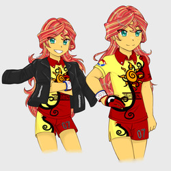 Size: 3582x3582 | Tagged: safe, artist:deeemperor, sunset shimmer, human, equestria girls, g4, clothes, crossover, eye clipping through hair, female, fiery shimmer, fire type, gym leader, high res, jacket, nintendo, open mouth, pokemon sword and shield, pokémon, smiling, solo, sunshine shimmer