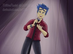 Size: 1918x1438 | Tagged: safe, artist:ro994, flash sentry, human, cheer you on, equestria girls, equestria girls series, g4, spoiler:eqg series (season 2), backstage, clothes, male, microphone, musical instrument, pants, shirt, singing, solo, stage, watermark