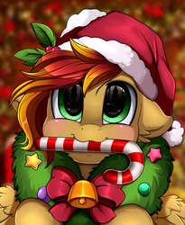 Size: 1446x1764 | Tagged: safe, artist:pridark, oc, oc only, oc:fire strike, pegasus, pony, bell, blushing, candy, candy cane, christmas, commission, cute, food, hat, holiday, ocbetes, pridark's christmas ponies, santa hat, solo, wreath, ych result